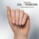 Close-up of a model's hand wearing Salon Perfect  302 Gel X-Tensions Clear Medium Coffin.